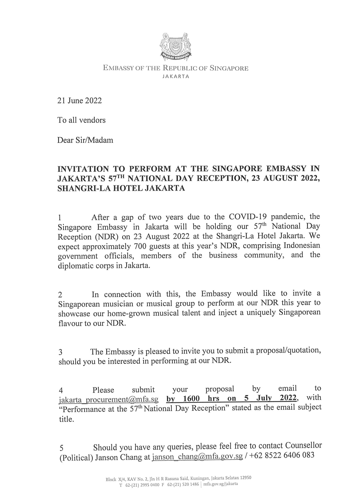 Official letter: Singapore Embassy invitation for 57th National Day performance proposals.